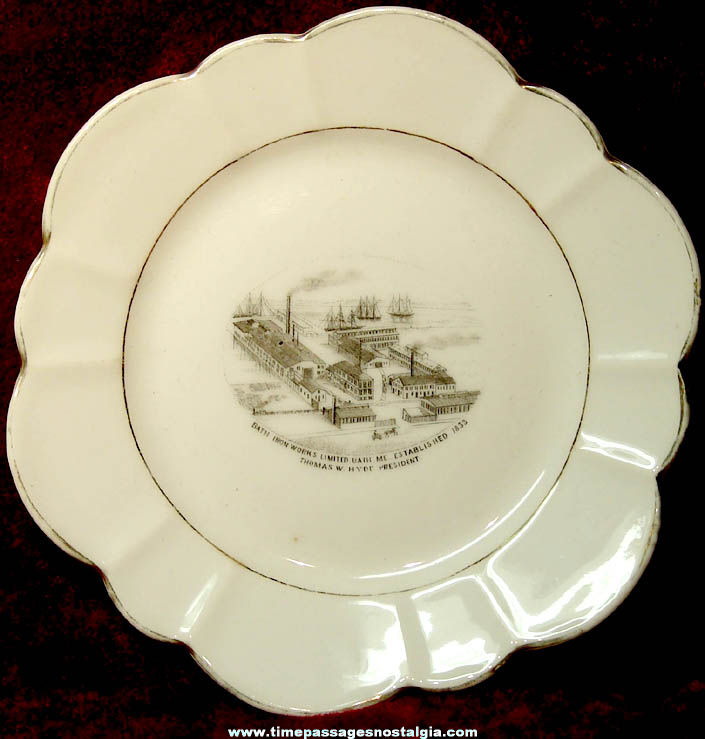 1800s Bath Iron Works Limited Bird’s Eye View Advertising Souvenir China Plate