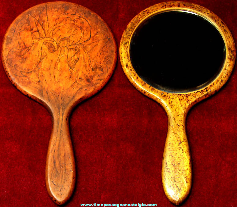 Old Wooden Flemish Art Pyrographic Hand Mirror With Iris Flower