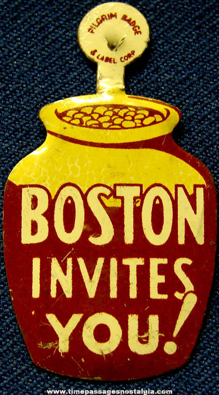 Old Lithographed Tin Boston Massachusetts Advertising Bean Pot Tin Tab Button