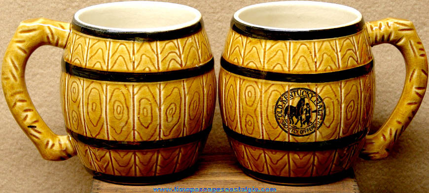 (2) Old Matching Old Kentucky Malt Advertising Ceramic Barrel Drink Mugs