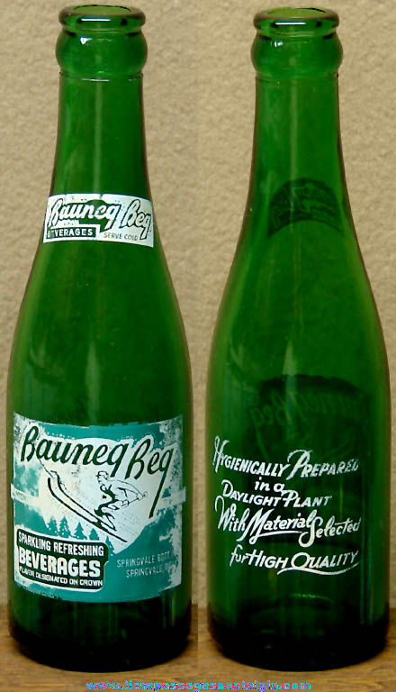 Old Bauneg Beg Green Glass Soda Bottle With Imprinted Advertising Label