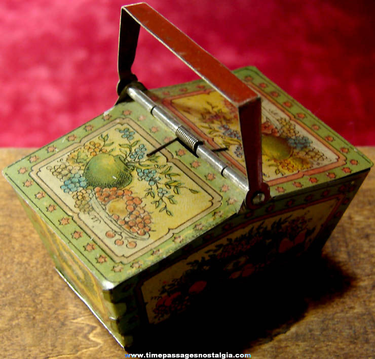 Early Lithographed Tin Miniature Penny Toy Picnic Basket