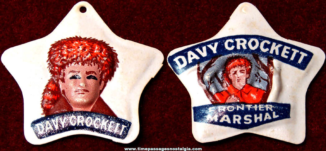 (2) Different 1955 Cracker Jack Davy Crockett Vacuform Prize Badge Charms
