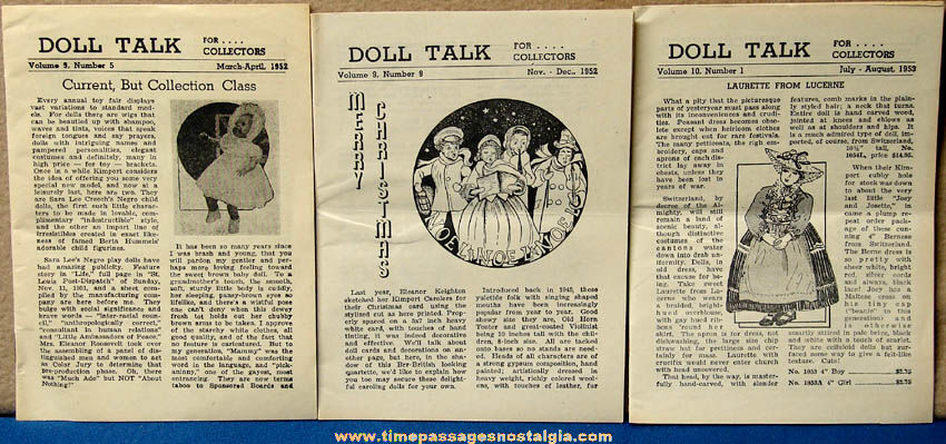 (3) 1952 & 1953 Doll Talk Miniature Newsletter Magazines For Collectors