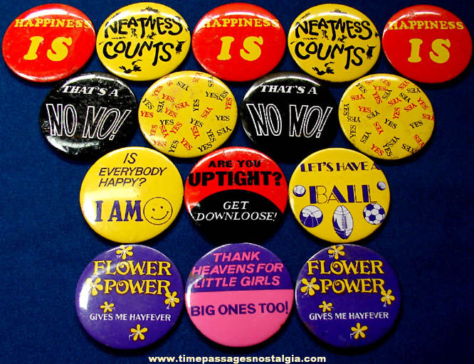 (15) Colorful Old Tin Novelty Pin Back Buttons With Sayings