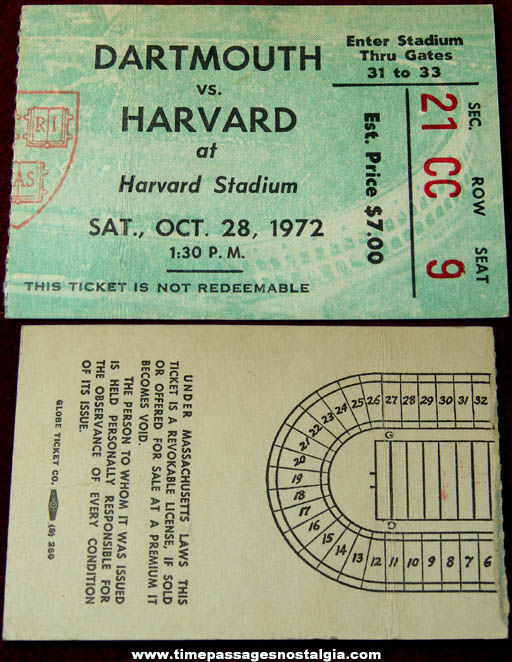 1972 Dartmouth vs. Harvard Football Game Harvard Stadium Advertising Ticket Stub