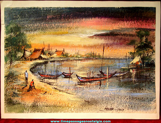 Colorful 1969 Payap Boat Harbor and Village Painting