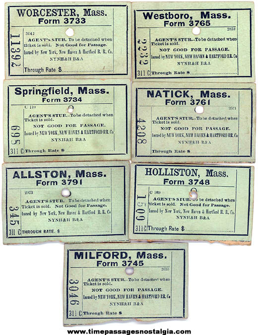 (7) Different Old New York New Haven & Hartford Railroad Train Tickets