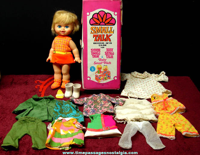 Colorful 1967 Mattel Sister Small Talk Doll with Clothing & Beddie Bye Case