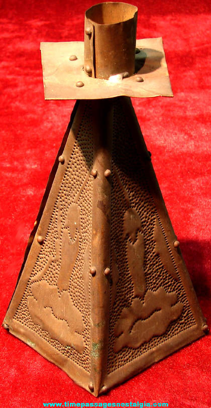 Old Art Nouveau or Arts & Crafts Pierced Copper Metal Candle Holder
