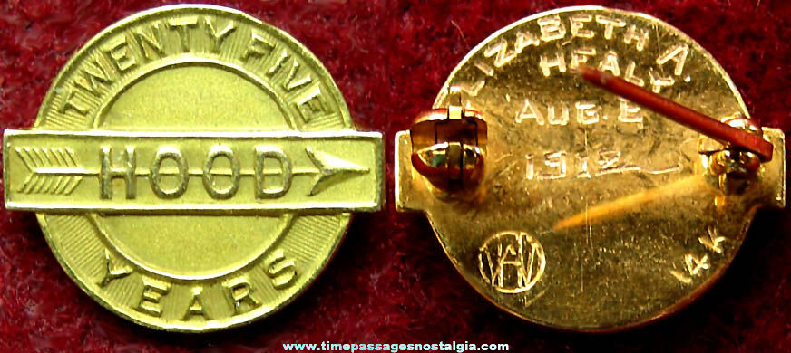 1912 Dated & Engraved Hood Dairy Advertising 25 Year Employee 14K Gold Award Pin