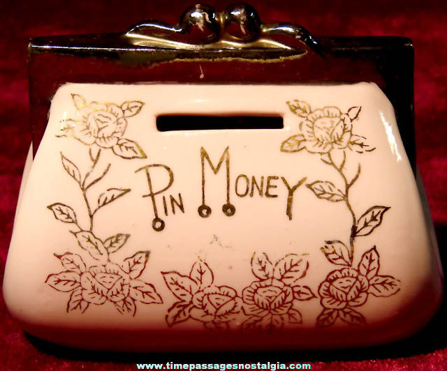 Old Elvin Porcelain Pin Money Ladies Purse Coin Saving Bank