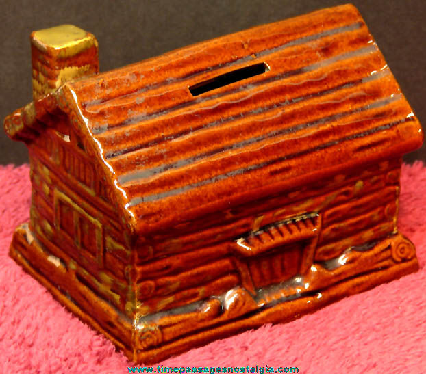 Old Porcelain or Ceramic Log Cabin Home Coin Saving Bank