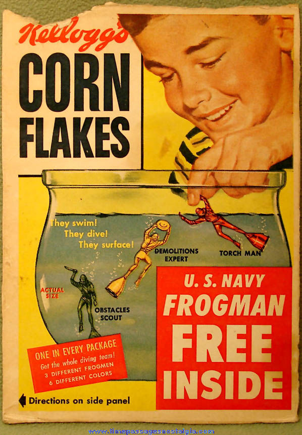1955 Kellogg’s Corn Flakes Cereal Box Front With U.S. Navy Frogman Offer & Bonus Painting