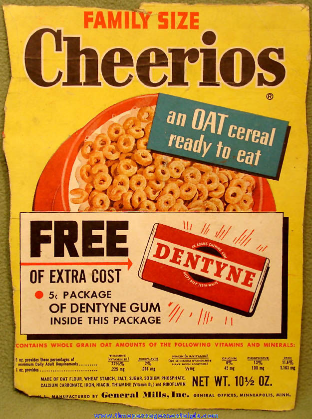 1950s General Mills Cheerios Cereal Box Front With Dentyne Gum Prize & Bonus Drawing / Painting