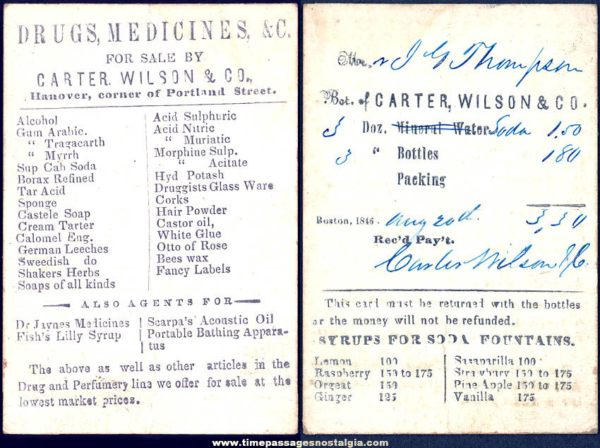 1846 Boston Massachusetts Drug Medicine & Soda Fountain Syrup Advertising Card