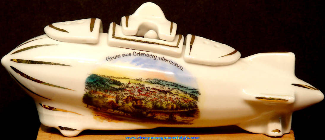 Old German Porcelain Air Ship Advertising Souvenir Salt & Pepper Condiment Set