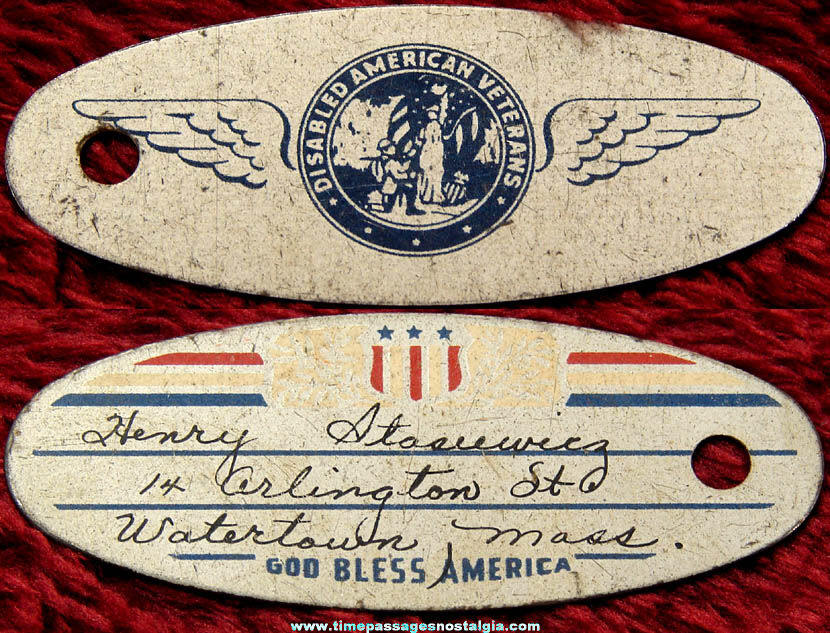 World War II Disabled American Veterans Patriotic Identification Tag
