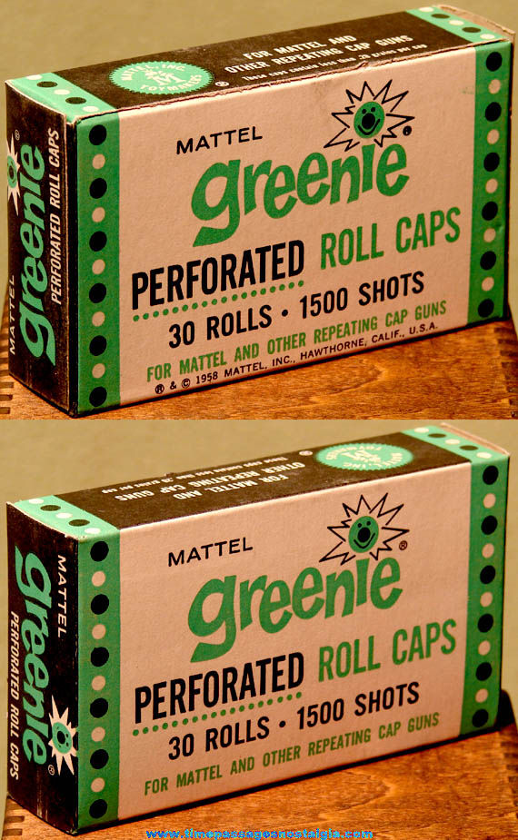 Full Unopened Original Box of 1958 Mattel Greenie Perforated Toy Cap Gun Roll Caps