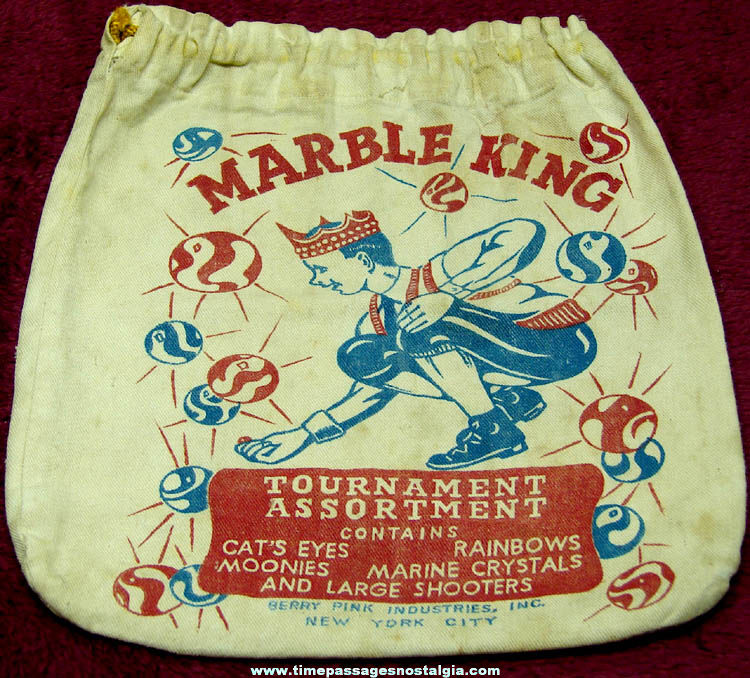 Old Marble King Tournament Assortment Advertising Draw String Cloth Marble Bag