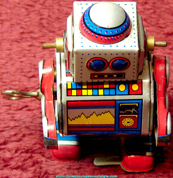 Small Colorful Old Wind Up Mechanical Walking Lithographed Tin Toy Robot