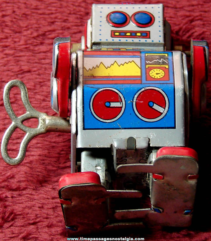 Small Colorful Old Wind Up Mechanical Walking Lithographed Tin Toy Robot