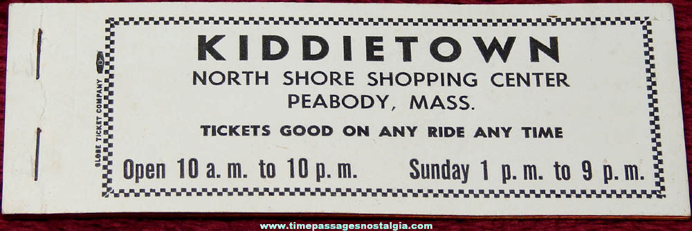 Old North Shore Peabody Massachusetts Kiddietown Carnival Rides Ticket Booklet
