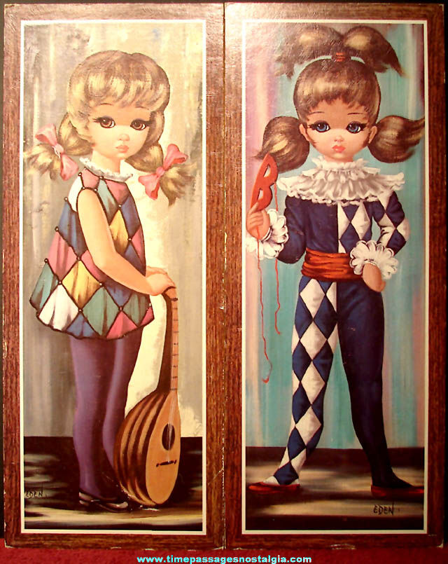 (2) Large Old Eden Big Eyed Young Harlequin Girl Art Prints
