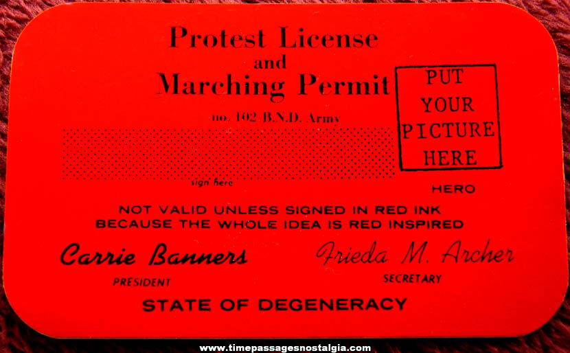 Old Unused Novelty Protest License and Marching Permit Card
