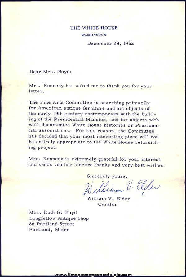 1962 Jacqueline Kennedy White House Refurnishing Rejection Letter with Envelope