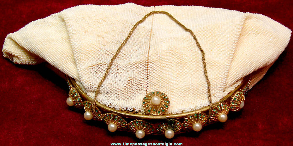Fancy Old White Beaded Ladies Purse With Green Stones & Pearls