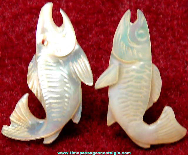 Old Pair of Carved Mother of Pearl Shell Screw Back Fish Earrings