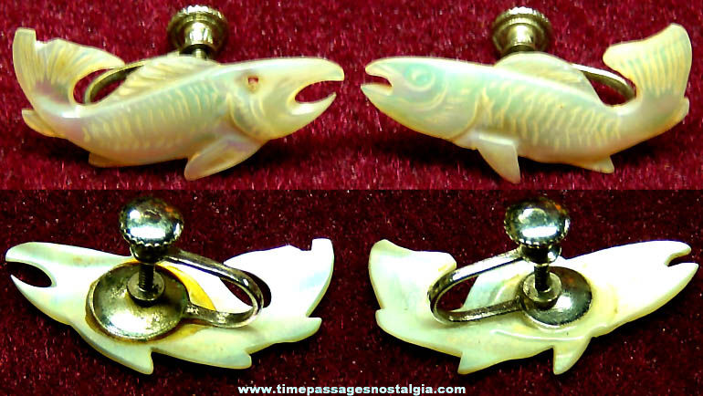 Old Pair of Carved Mother of Pearl Shell Screw Back Fish Earrings