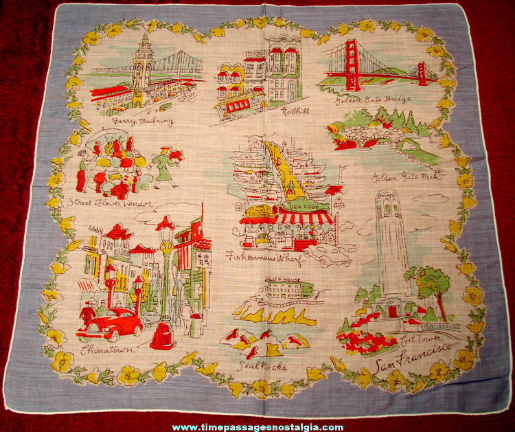 Colorful  Old San Francisco California Advertising Souvenir Cloth Handkerchief