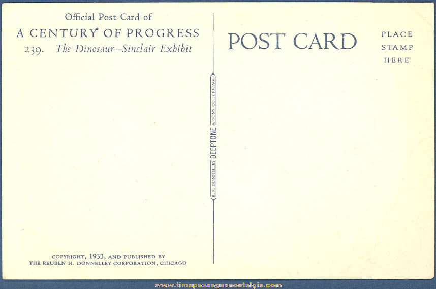 Unused 1933 Century of Progress Chicago World’s Fair Sinclair Dinosaur Exhibit Post Card