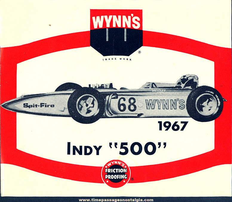 Colorful Old 1967 Indianapolis 500 Wynn’s Oil Race Car Advertising Paper Sticker