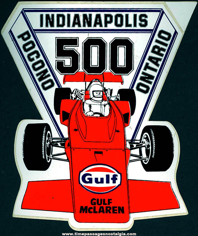 Colorful Old Unused Indianapolis Pocono Ontario 500 Gulf Gasoline Advertising Paper Sticker