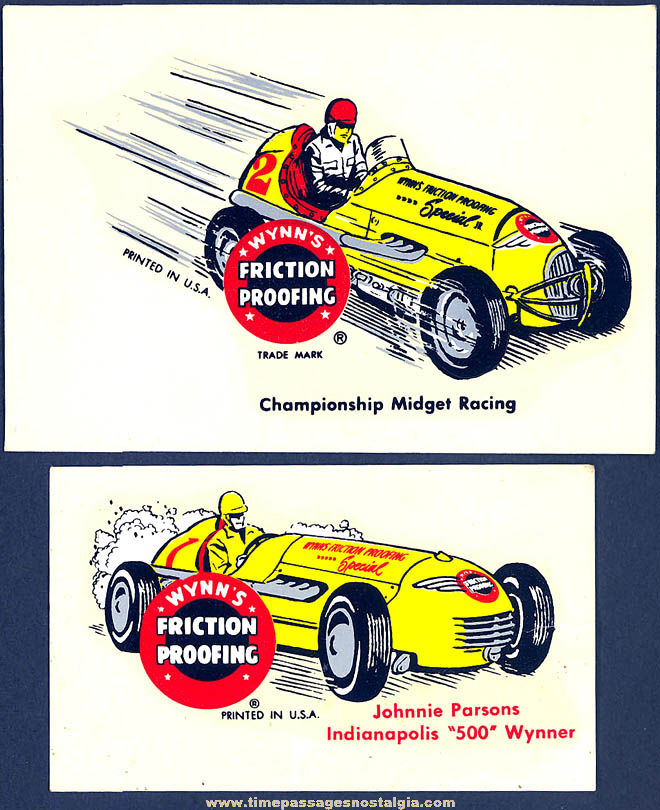 (2) Colorful Old Unused Indianapolis 500 & Midget Racing Wynn’s Oil Advertising Water Decals
