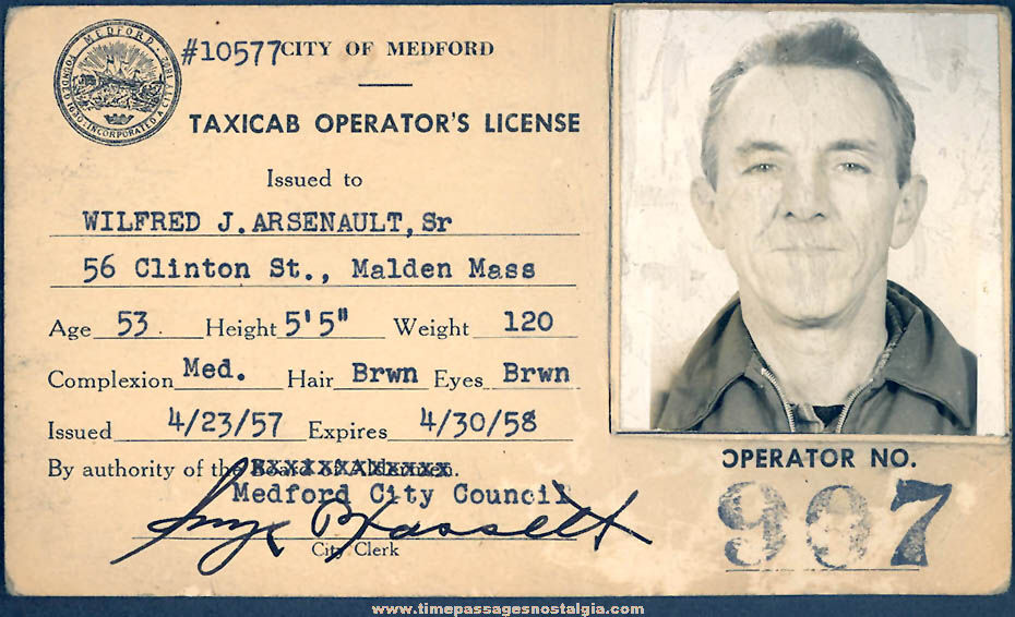 1957 - 1958 City of Medford Massachusetts Taxi Cab Driver Photo ID License