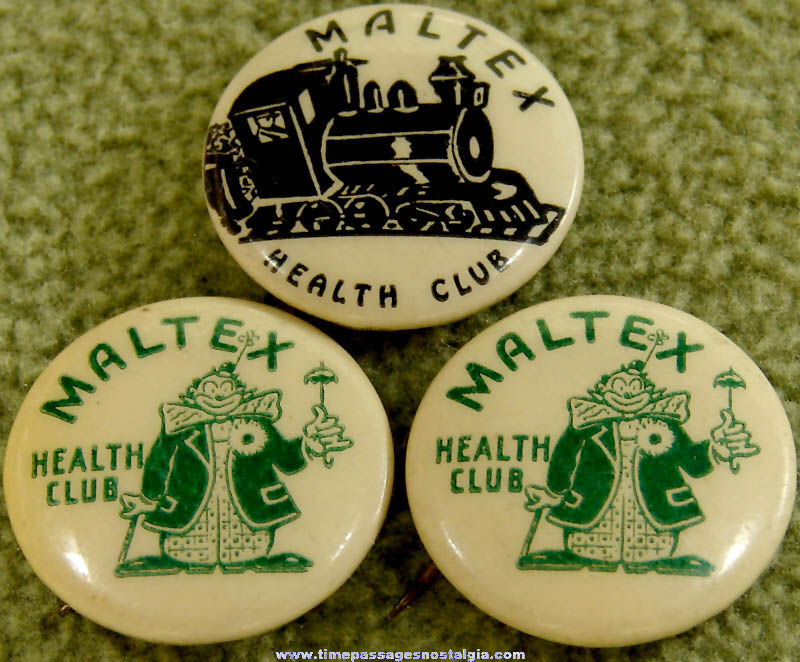 (3) Old Maltex Cereal Health Club Advertising Premium Celluloid Pin Back Buttons