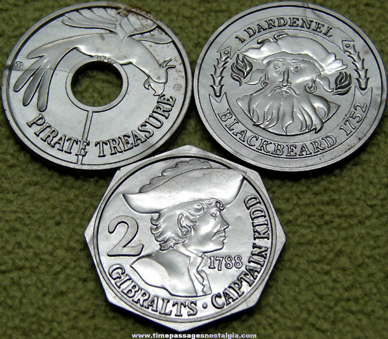 (3) Old Toy Pirate Premium Silver Plastic Treasure Coins