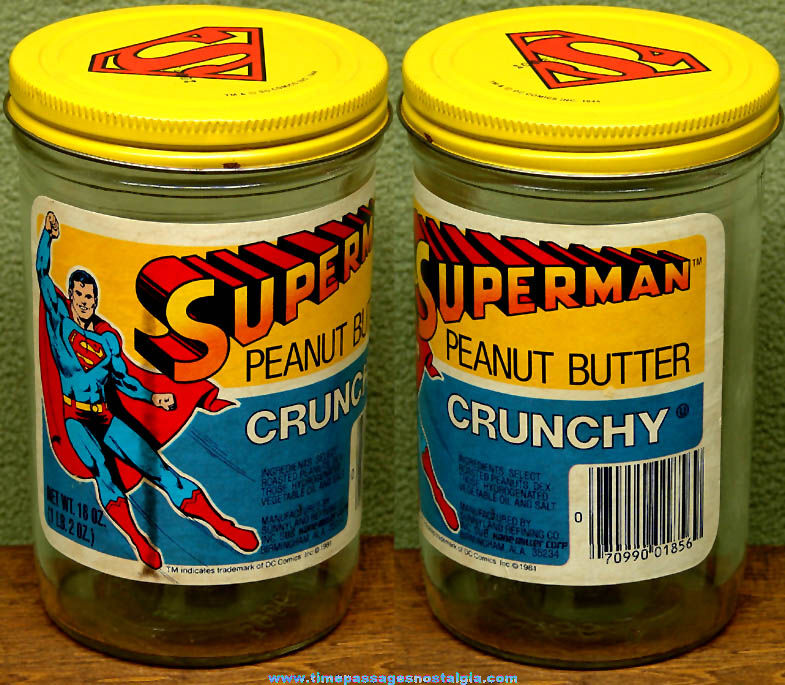 Colorful 1981 Superman 18 Ounce Peanut Butter Advertising Jar with Lid