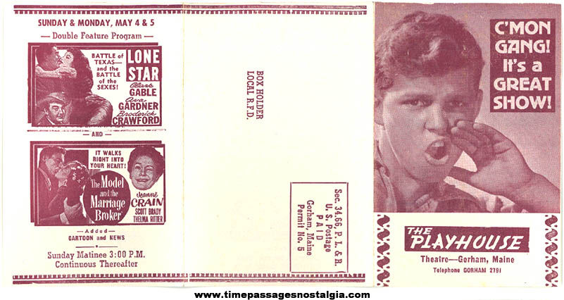 1950s The Playhouse Gorham Maine Theatre Movie Schedule Mailer