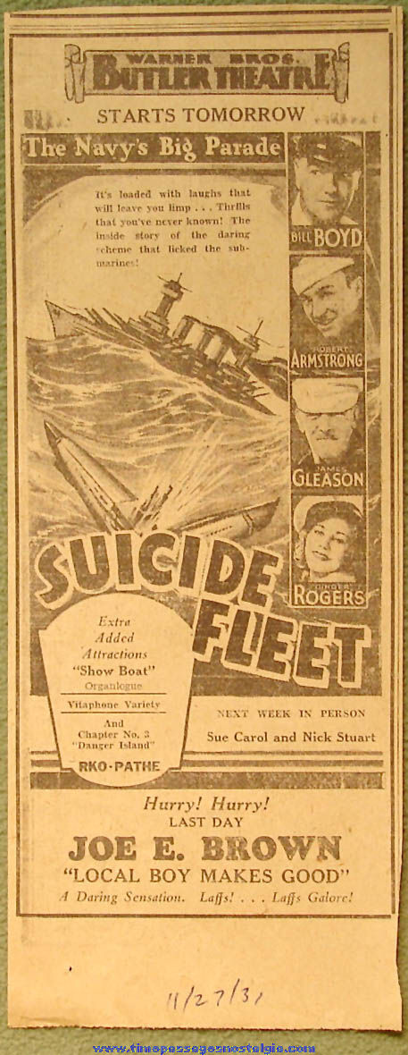 1931 United States Navy Suicide Fleet Movie Newspaper Advertisement