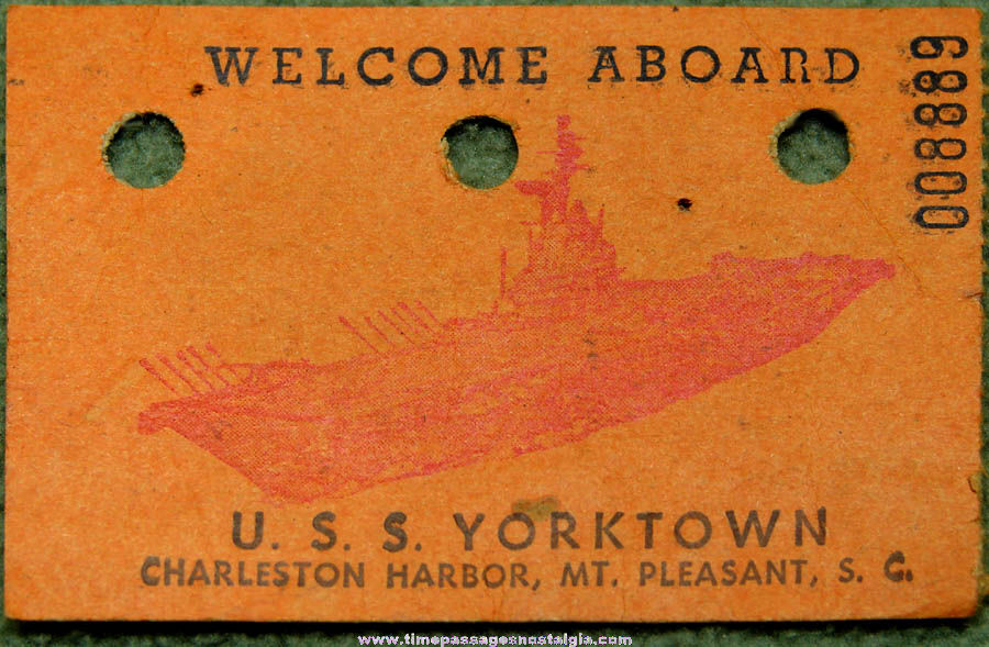 Old United States Navy Ship U.S.S. Yorktown CV-10 Aircraft Carrier Welcome Aboard Ticket