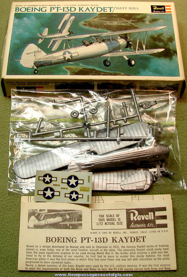 1966 Boxed Miniature American Boeing PT-13D Kaydet Biplane Airplane Revell Plastic Model Kit