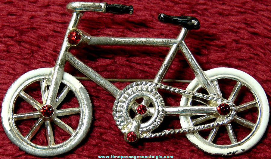 Old Painted Metal Bicycle Jewelry Pin With Red Stones