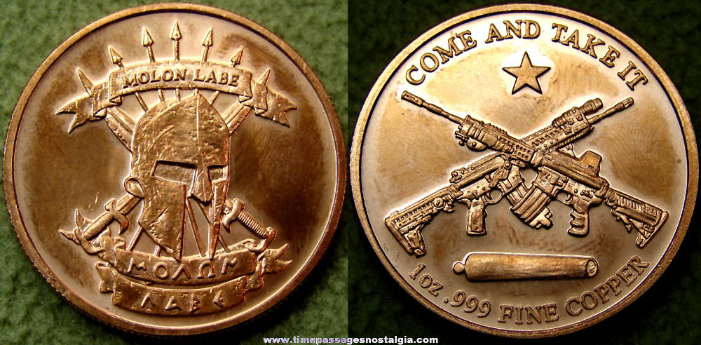 Molon Labe Gun or Weapon Promoting Copper Medal Coin