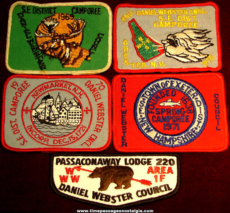(5) Different Old Daniel Webster Council Boy Scout Embroidered Cloth Patches