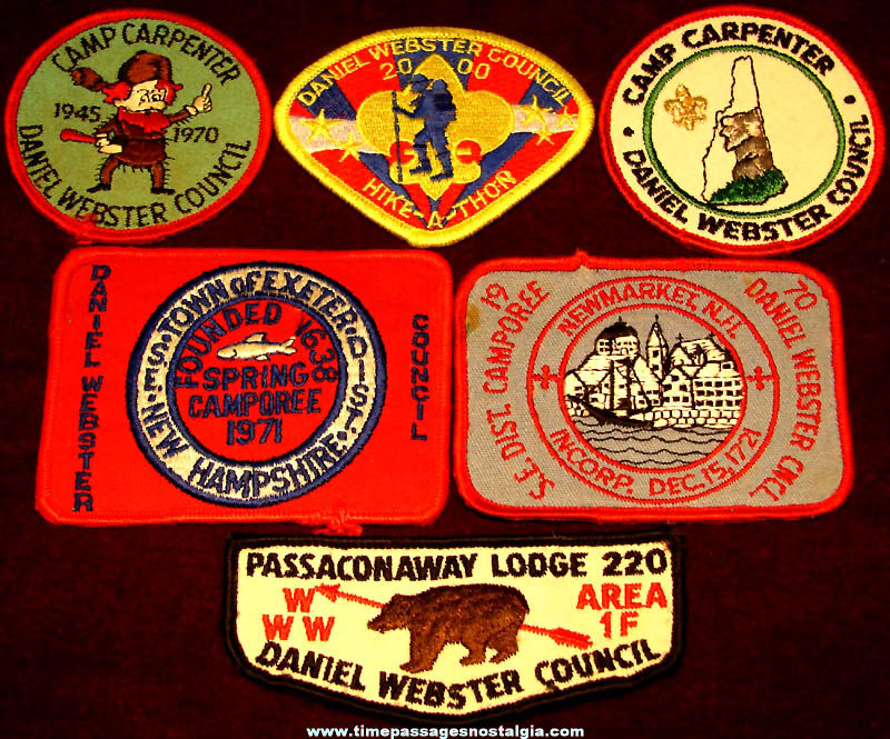 (6) Different Old Daniel Webster Council Boy Scout Embroidered Cloth Patches